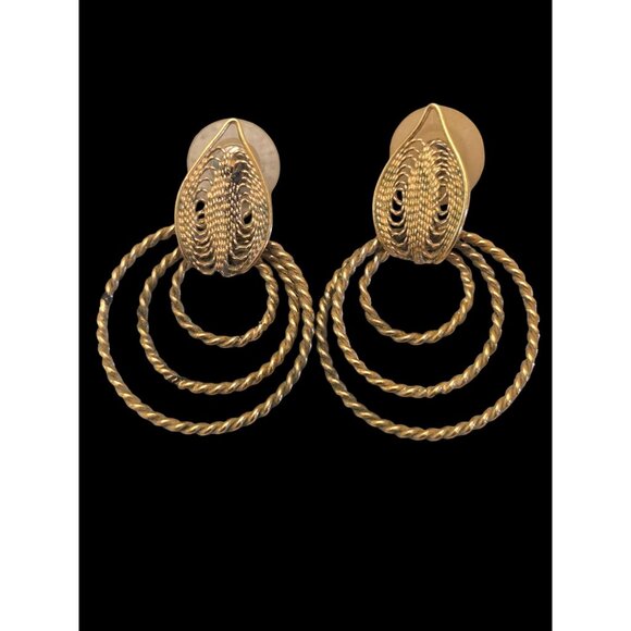Vintage Triple Hoop Statement Earrings  Twisted Rope Textured Leaf Design - Picture 1 of 4